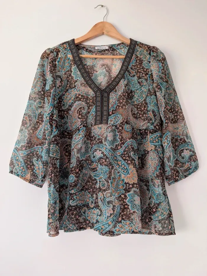 Blouse légère transparente bohème hippie imprimé cachemire bleu Cache-cache Taille 38 - photo numéro 5