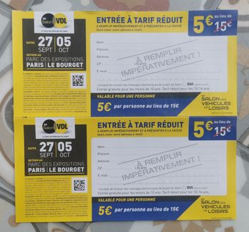 Entrées à tarif réduit 59ème SALON DES VEHICULES DE LOISIRS du 27.09.2025 au 05.10.2025 neuves