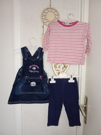 Ensemble lee Cooper bébé fille 9-12 mois, robe  salopette, legging, pull rayé