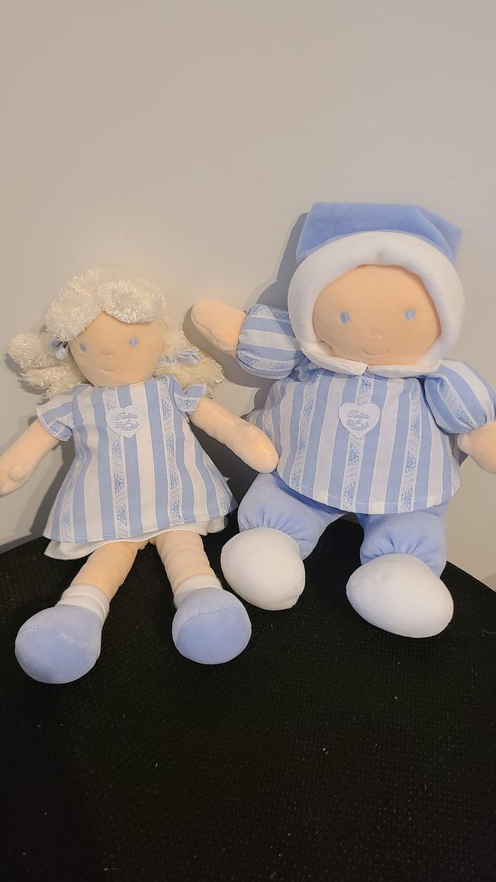 DOUDOU PELUCHE POUPÉE CHIFFON TARTINE ET CHOCOLAT BLEU BLANC RAYÉ 24CM Doudou Poupée Blonde Couette
