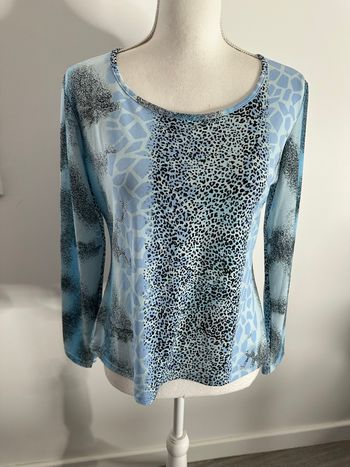 Blouse à manches longues léopard girafe bleu clair et noir Y2K Vintage T42/44 XL/XXL