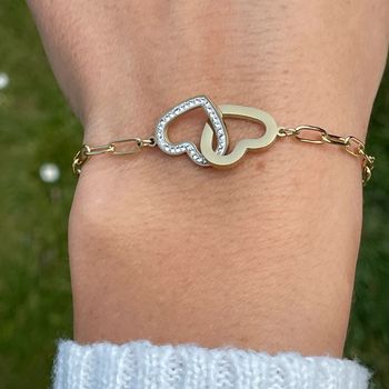 Bracelet Amour, cœurs scintillants de strass, entrelacés en acier inoxydable doré