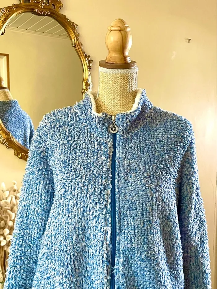 sublime veste teddy bouclette zippée bleu col montant poches cosy confort doux neuf taille M - photo numéro 4