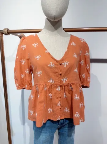 Blouse chemise terracotta fleurs blanches coton