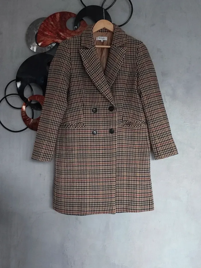 Manteau mi-long tartan beige marron Formula Joven - photo numéro 2