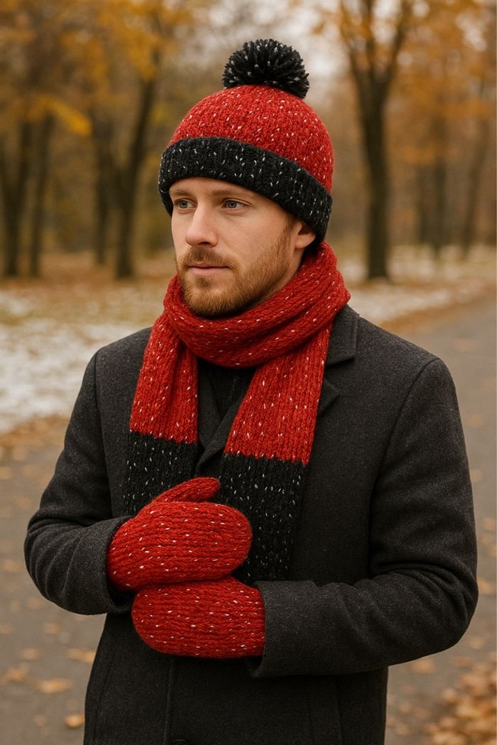 Lot bonnet écharpe moufle rouge noir - Neuf - intérieur polaire