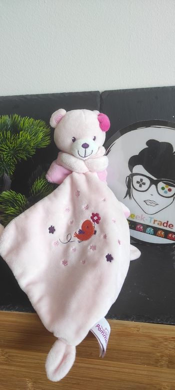Pommette doudou ours rose robe oiseau fleur mouchoir robe orange blanc Violet