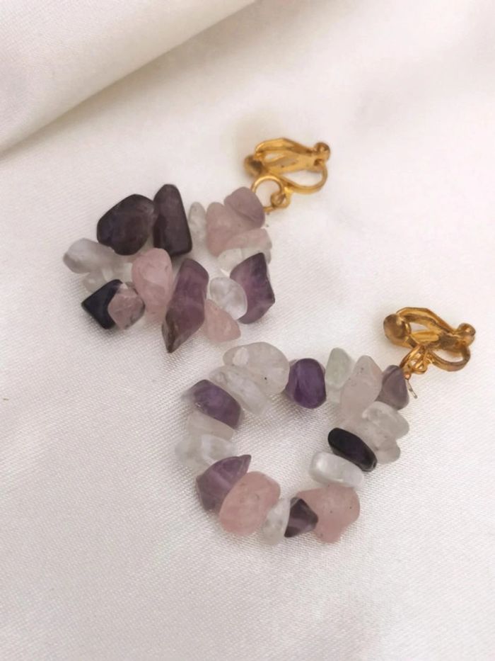 Boucles d'oreilles à clip en pierre naturelle améthyste et quartz - photo numéro 2