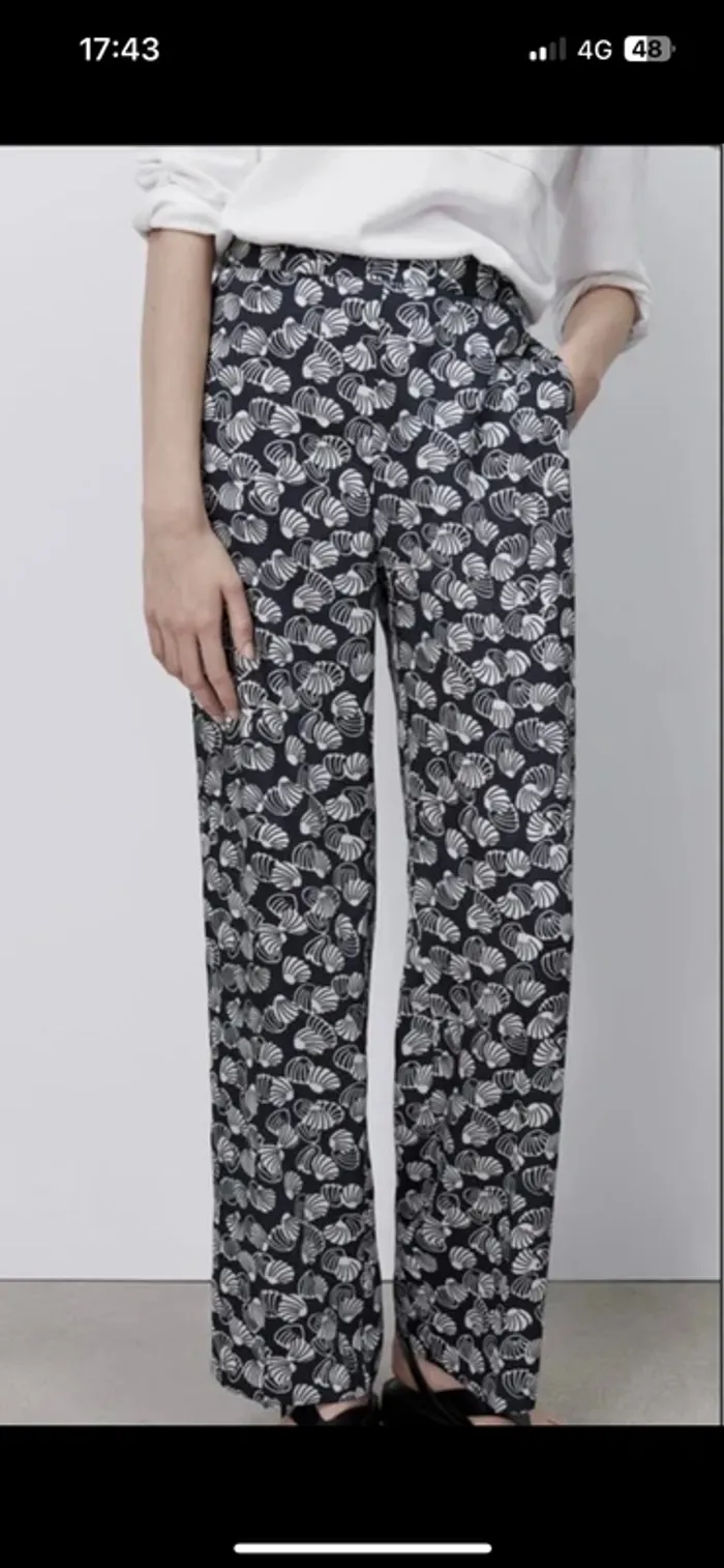 pantalon bleu satin motifs coquillages blanc zara - photo numéro 8
