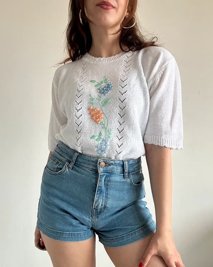 Pull blanc à manches courtes brodé taille M