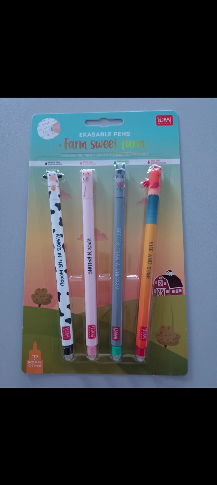 Lot de 4 stylos effaçables Legami neufs thème Animaux de la ferme