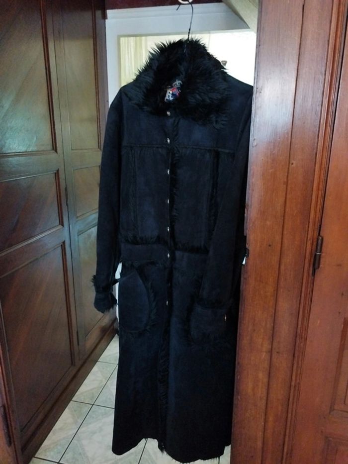 Manteau long noir fausse fourrure faux fur black coat L/40 vintage y2k - photo numéro 14