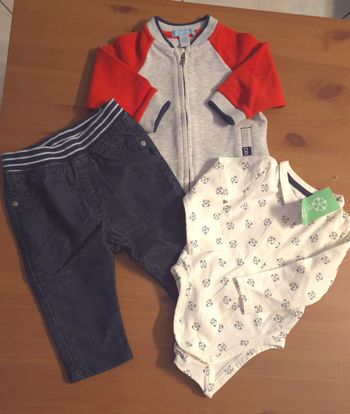 🥰😍💙 superbe ensemble sweat zippé, pantalon velours et bodie polo mc 6mois garçon 💙😍🥰