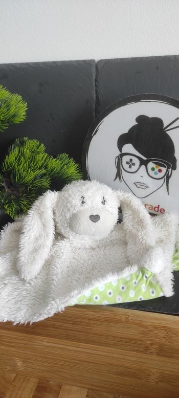 Lapin orchestra premaman doudou plat blanc vert coeur rond gris Fourrure Poils