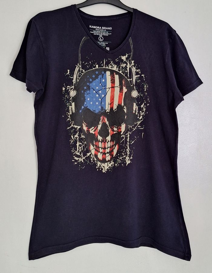 Tee-shirt long bleu marine imprimé devant