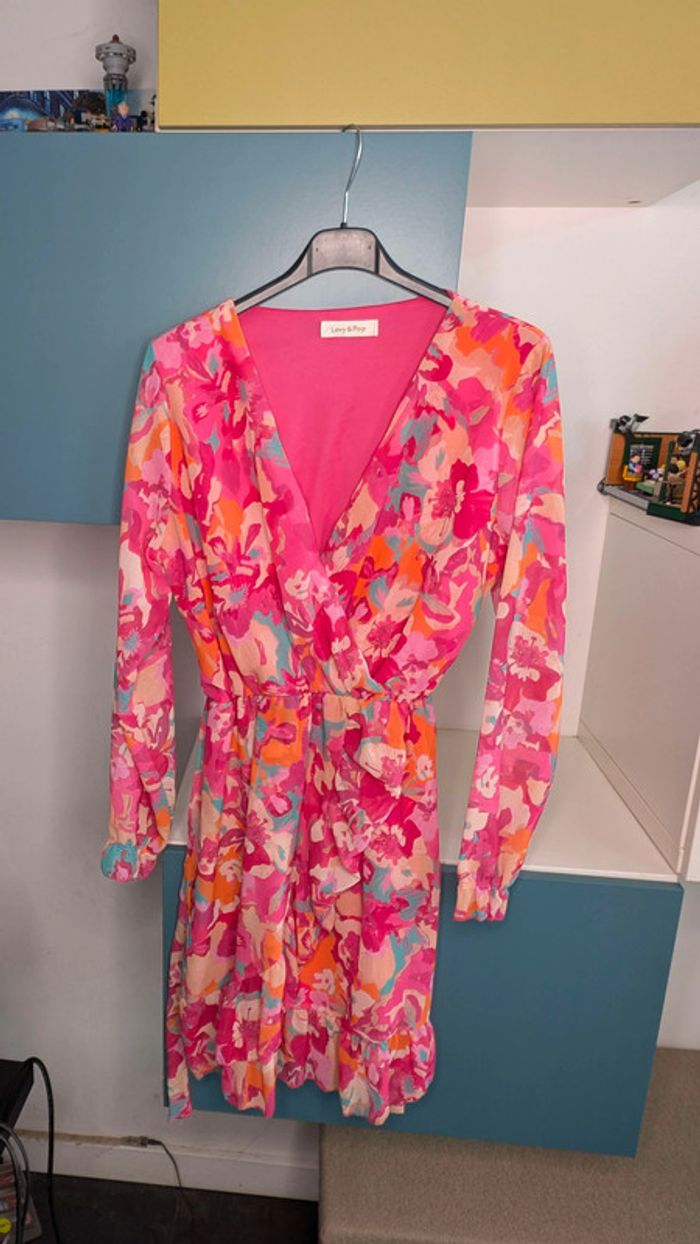 Robe fleurie Lovy Pop, Taille Unique, Manches longues, Effet cache-cœur