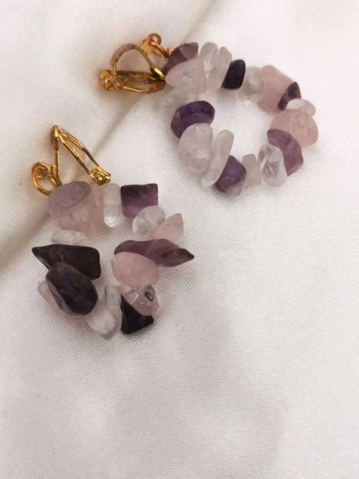 Boucles d'oreilles à clip en pierre naturelle améthyste et quartz - photo numéro 3