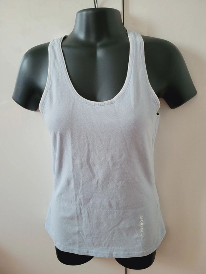 Haut Top tee shirt débardeur bleu ciel pastel blanc Mim taille XS 34 en 100% coton coquette - photo numéro 4