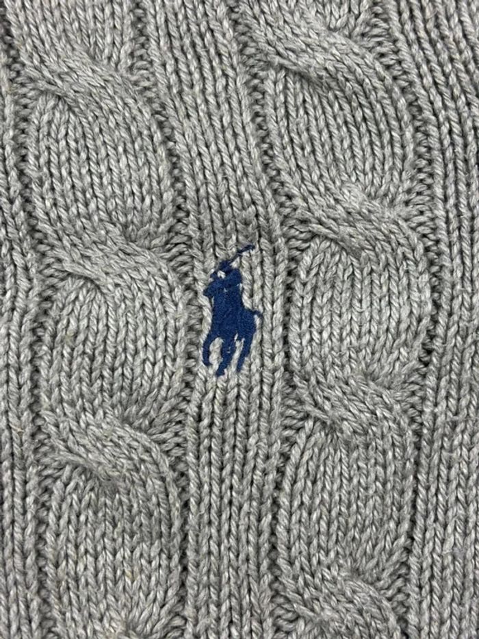 Pull d’hiver torsadé en maille Ralph Lauren col rond gris logo bleu marine taille XL - photo numéro 5