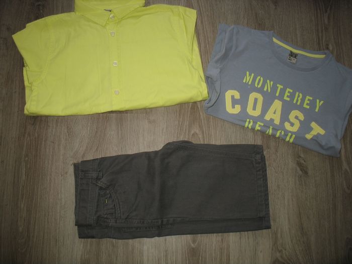 ENSEMBLE 3 PCS GARÇON : CHEMISE ML + TEE SHIRT MC + BERMUDA "TAPE A L’ŒIL" - 9 / 10 ANS - n°01