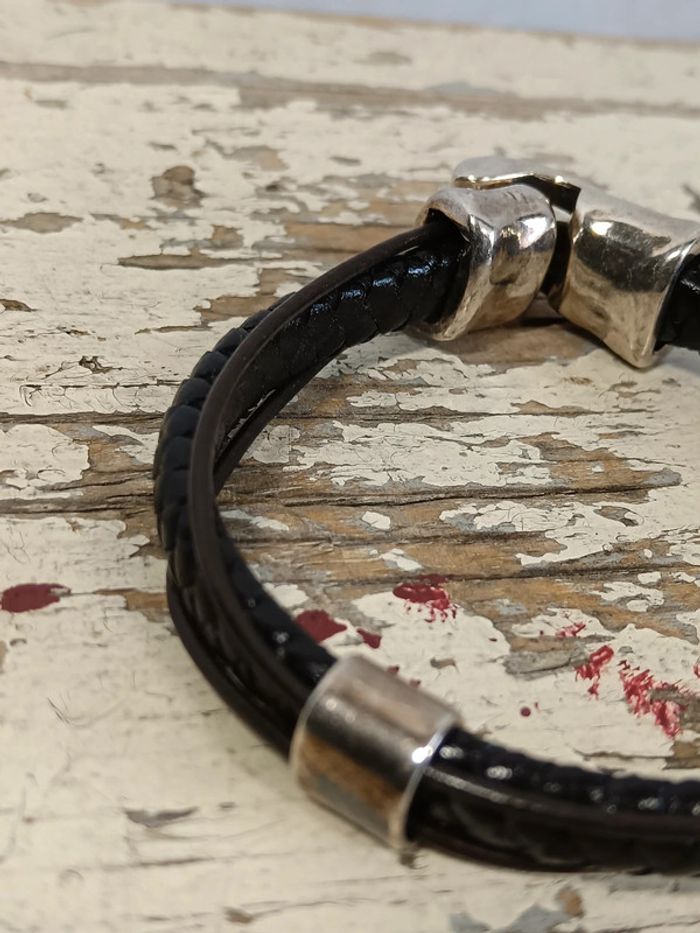 Bracelet homme cuir noir plaqué argent | Uno de 50 - photo numéro 5