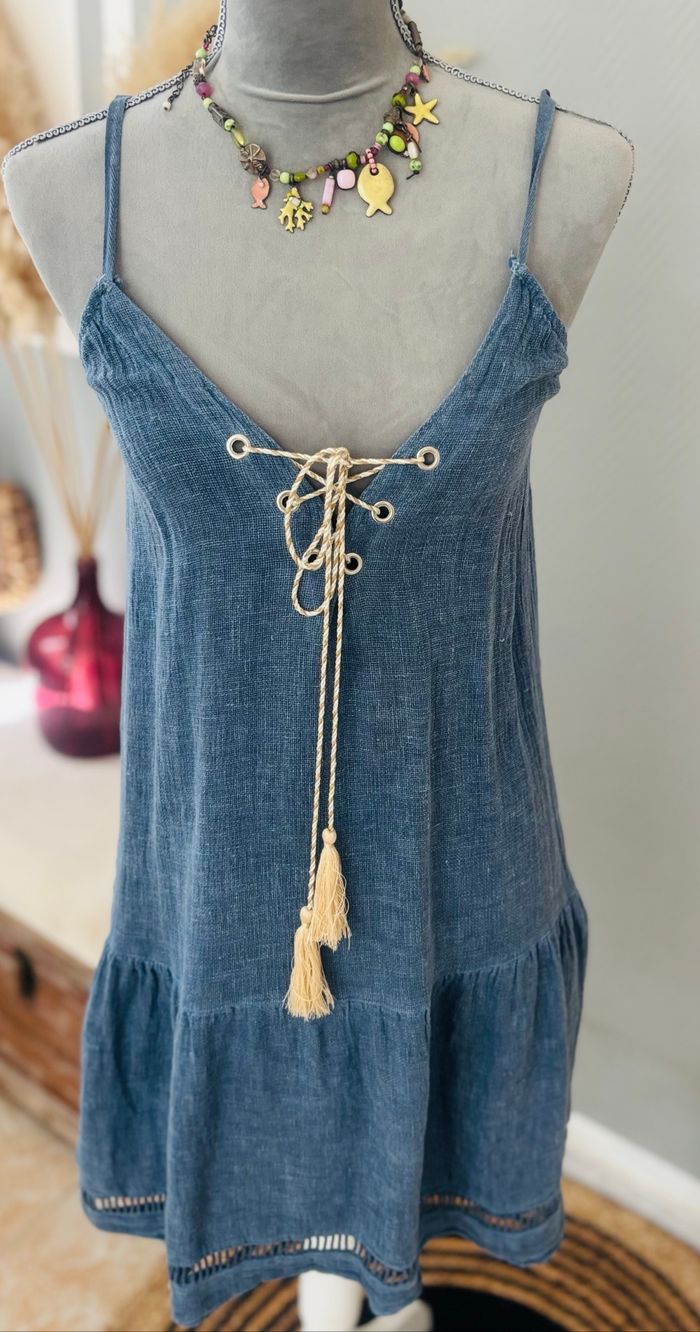 Robe bleue  bohème été coton et lin taille unique - photo numéro 4
