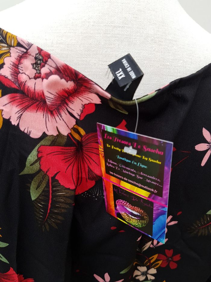Robe Tunique Noire Imprimé Fleurs Rouge Et Rose - photo numéro 12