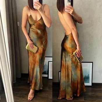 Robe longue satinée imprimé café – élégante et dos nu – taille 34/36