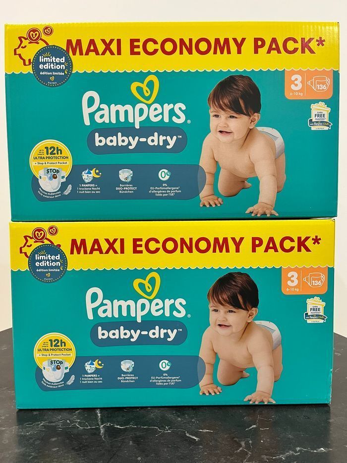 🔹2 Packs Pampers Baby-Dry Taille 3 Maxi – 272 couches – Neufs scellés 6–10 kg