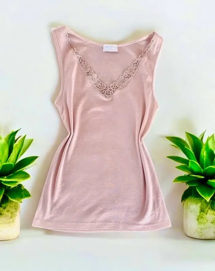 Top débardeur rose en macramé et coton égyptien L