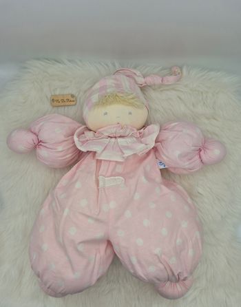 Poupée chiffon Vintage Bébé Ja adi M.R.S.A. blanc rose rayures pois