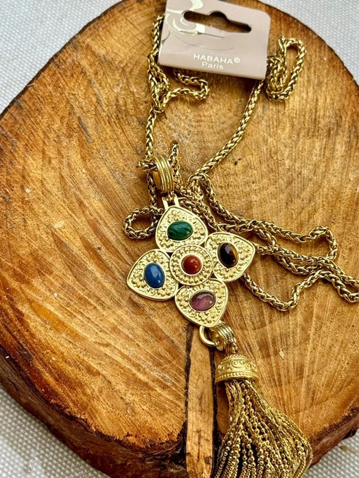 Collier sautoir réglable trèfle croix perles naturelles pompon xl acier inoxydable or habaha Paris - photo numéro 2