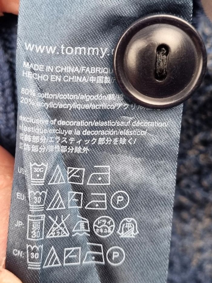Pull col châle torsadé Tommy Hilfiger rayé bleu & gris – Taille M Homme (mesures en photos) - photo numéro 6