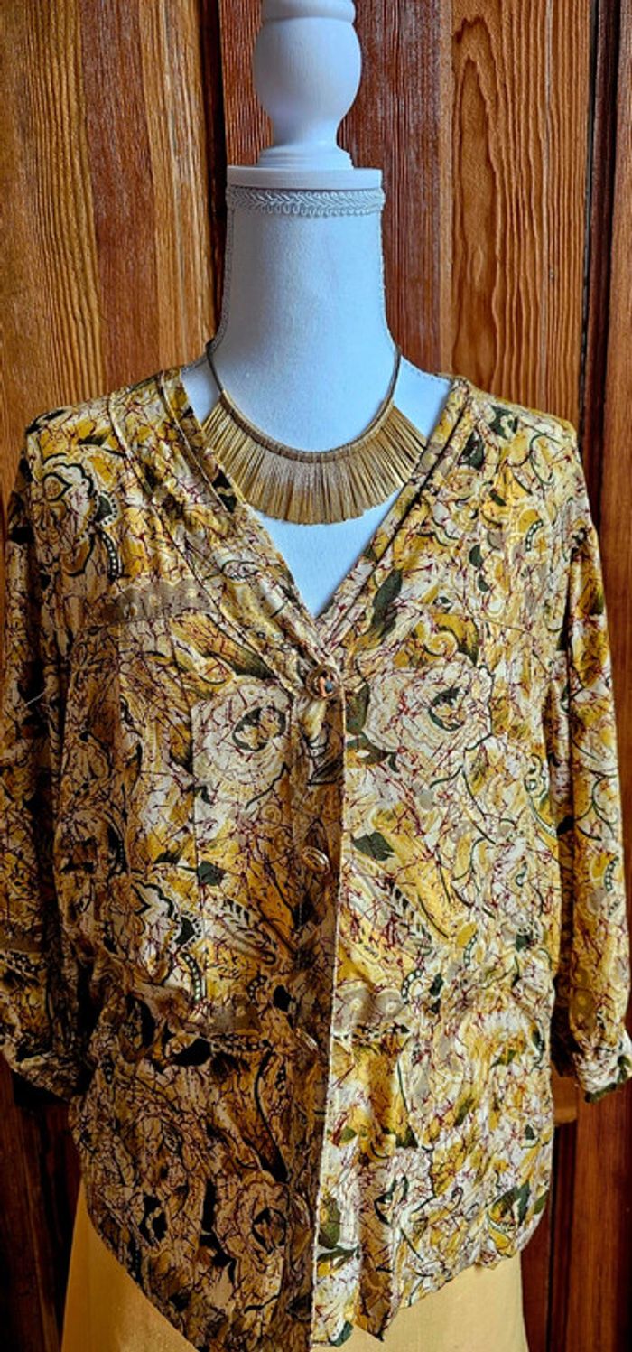Blouse vintage coton boutons dorés jaune et verte - photo numéro 3