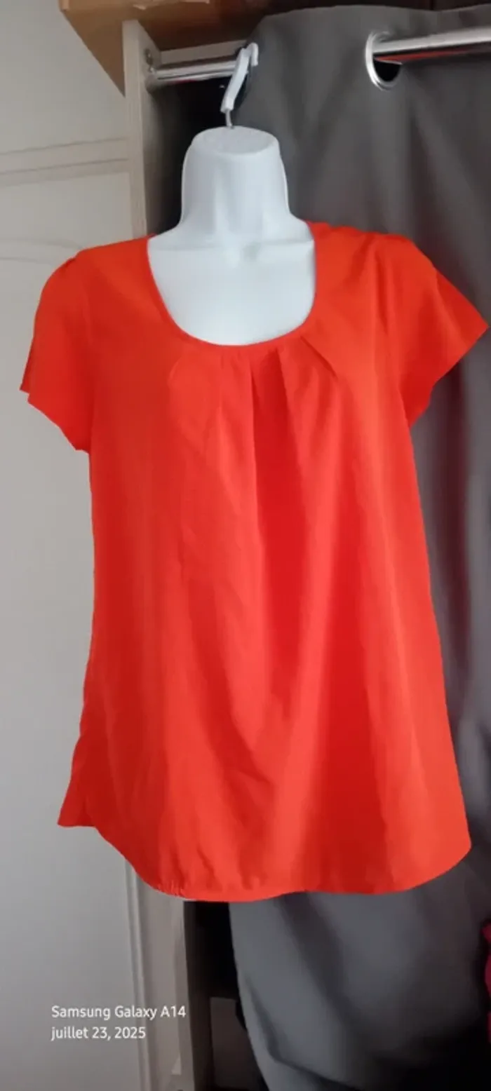 Blouse légère manches courtes col rond ouverture goutte d eau au dos orange femme L - photo numéro 8