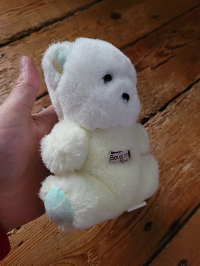 RARE Petit ours 15cm jaune vert blanc Boulgom ourson Made in France hochet grelot peluche - photo numéro 2