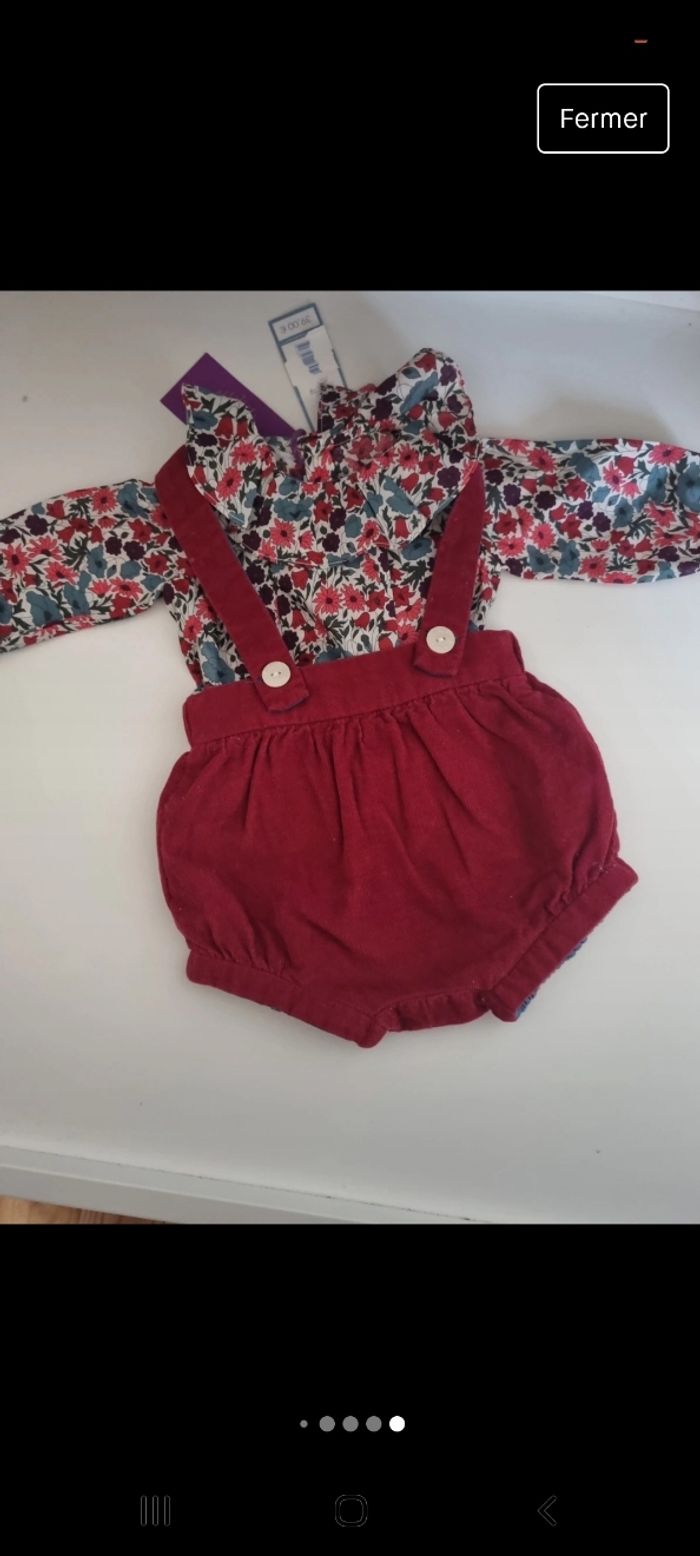 Barboteuse velours bordeau et blouse à col Jacadi 1 mois