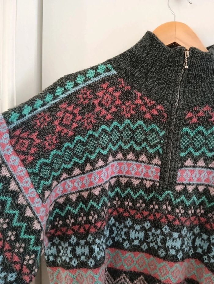 Pull col camionneur gris et multicolore vintage - photo numéro 3