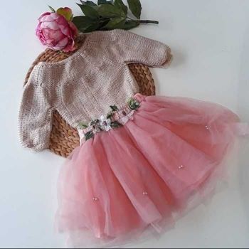 Vêtement ensemble robe fleurie  tricot fait main bébé fille 2 ans
