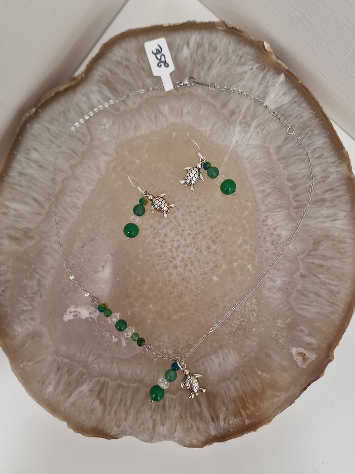 Parure Bijoux Acier Argenté Tortues Perles Jade Cristal - photo numéro 7