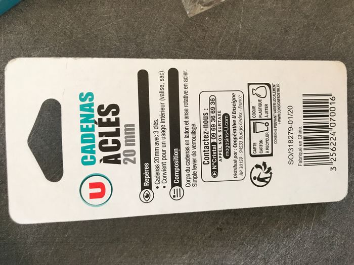 Neuf cadenas 20 mm à clé u sous blister pour casier école ou valise - photo numéro 2
