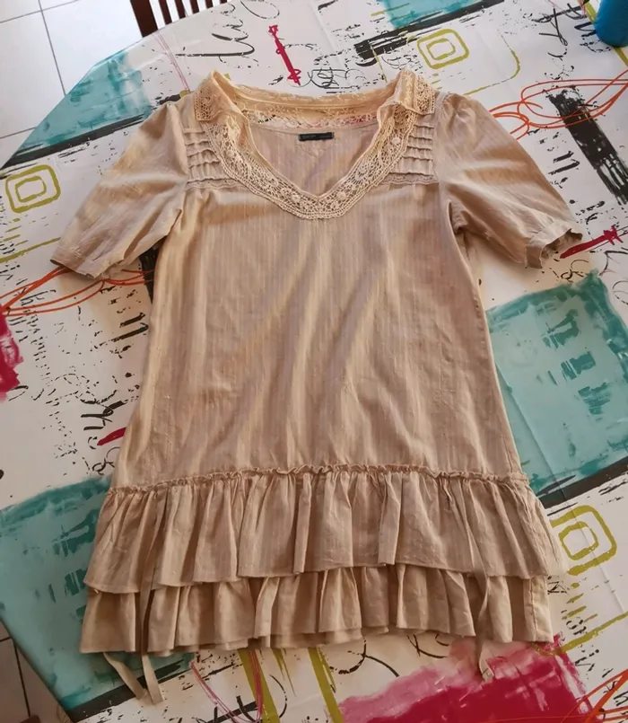 Tee-shirt tunique DDP woman beige et dentelle taille S