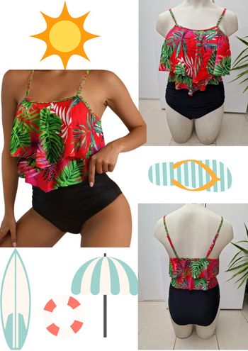 Tankini Taille Haute Maillot De Bain 2 Pieces Jungle Noir Rouge Rose Vert Volants Taille XL 44