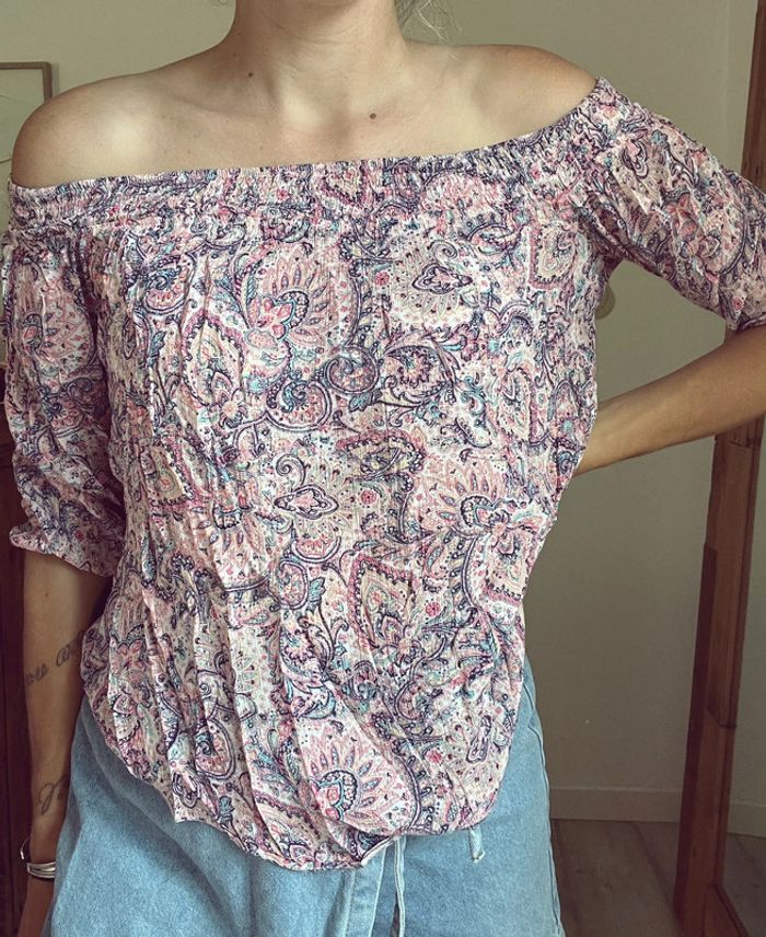 Blouse épaules dénudées Bershka multicolore bohème - photo numéro 2