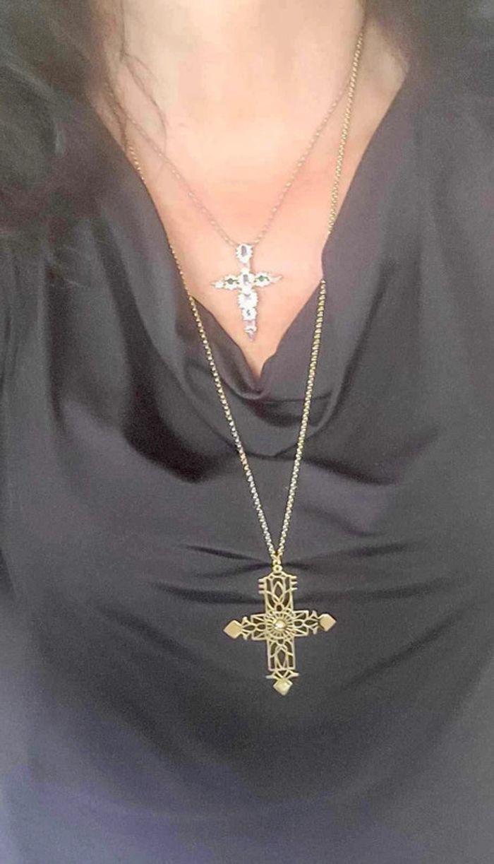 Sautoir long réglable acier inoxydable or croix xl y travaillée - photo numéro 5