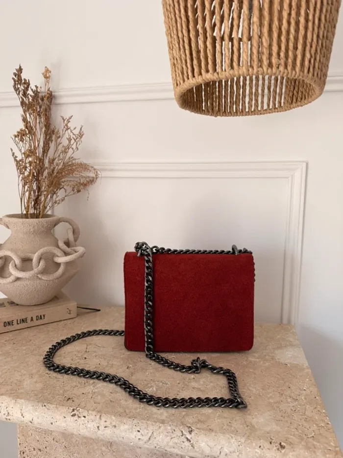 Sac chaîne bordeaux borsa bolsa bag Zak rosso main piel handbag Handtasche Bolso de mano - photo numéro 3