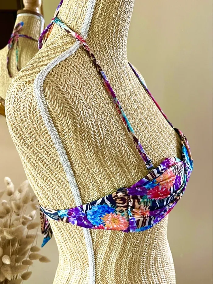 sublime Haut de bikini bandeau fleurs multicolores imprime animal bretelle amovible neuf - photo numéro 8