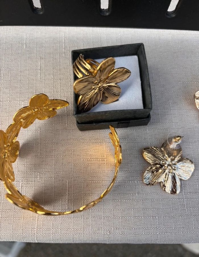 Parure bijoux fleur tendance doré bracelet pendentif bague acier inoxydable - photo numéro 3