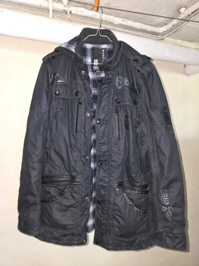 Veste noire à capuche doublée plaid – Taille M (Green 89)