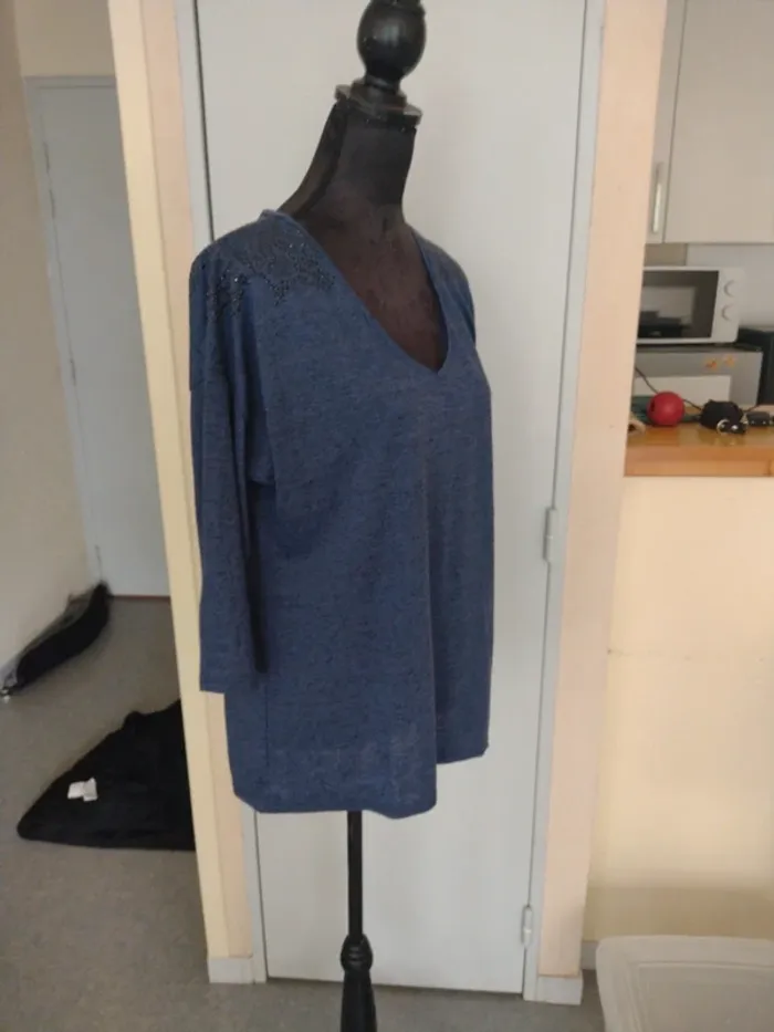 T-shirt bleu chiné manches 3/4 – T.42 – Lin - photo numéro 2